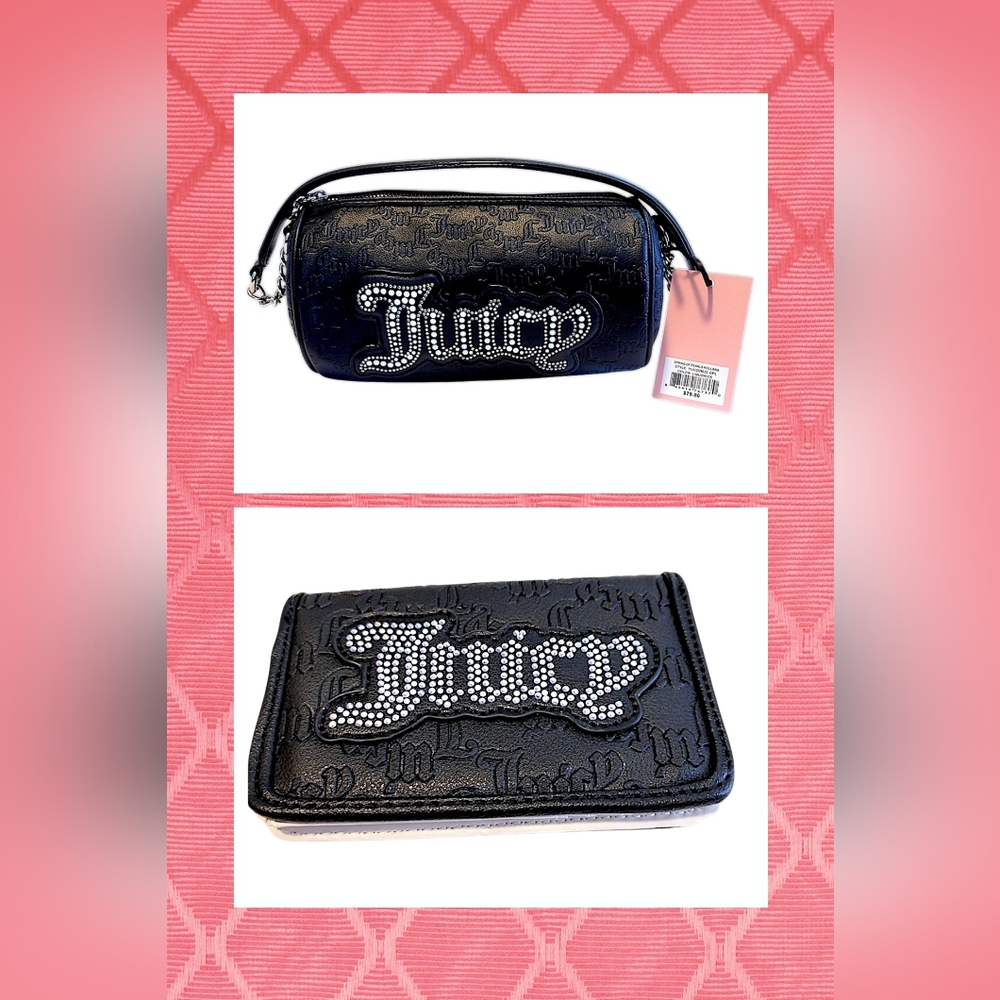 Juicy Couture Small Black W/ Rhinestones Barrel Bag & Credit Card Slotted Wallet
